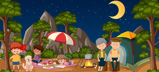 Picnic scene with happy family in the forest