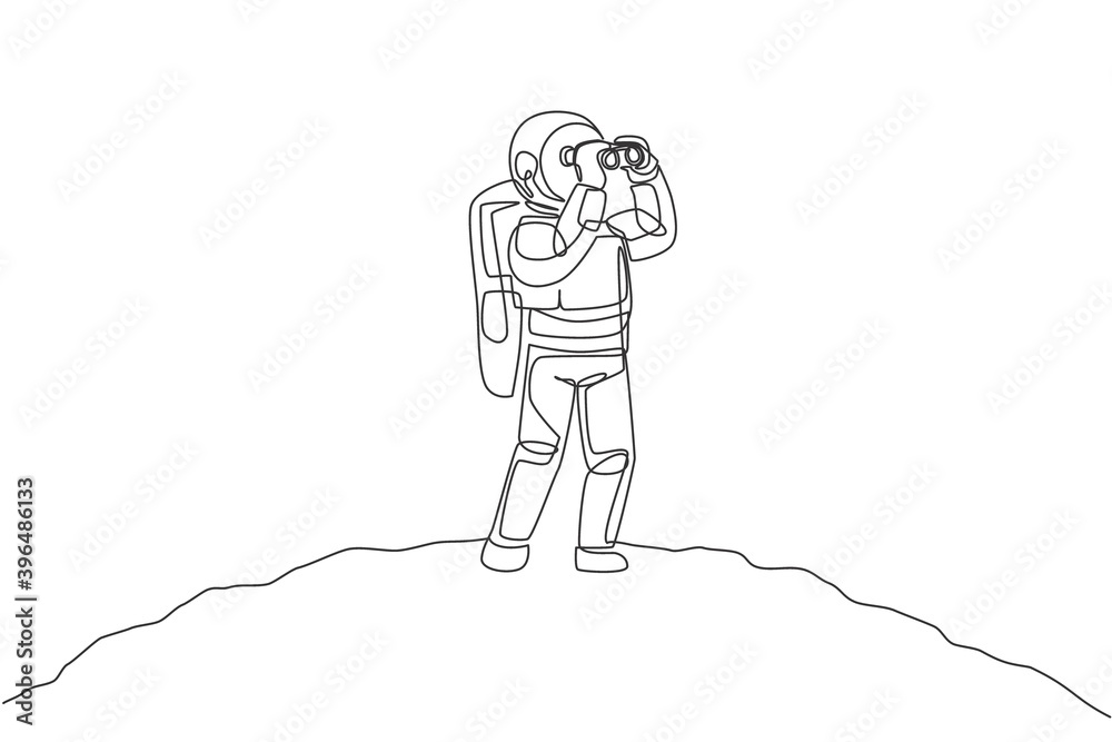 Poster one single line drawing of young happy astronaut enjoying to see scenery using binocular in moon sur