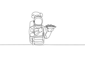 One single line drawing of young astronaut chef serving healthy salad cuisine food for cafe resto vector graphic illustration. Delicious space galaxy dish concept. Modern continuous line draw design