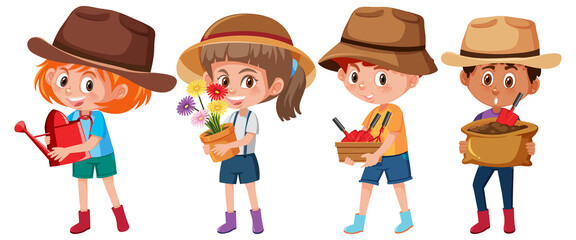 Set of different kids holding gardening tools cartoon character isolated on white background