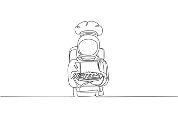 One single line drawing of young astronaut chef serving healthy steak cuisine food for cafe resto graphic vector illustration. Delicious space galaxy dish concept. Modern continuous line draw design