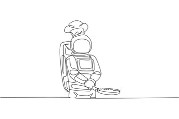 One continuous line drawing astronaut chef frying delicious dish for dinner with pan. Healthy cuisine food menu on space restaurant concept. Dynamic single line draw graphic design vector illustration