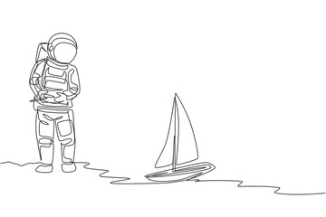 Fototapeta na wymiar One single line drawing of astronaut playing sailboat radio control in moon land vector graphic illustration. Doing hobby while leisure time in deep space concept. Modern continuous line draw design