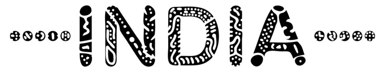 India. Black on white isolate inscription. Curves doodle freaky letters. India for print, clothing, Indian t-shirt, souvenir, booklet, banner, flyer, card, tourist advertising. Stock vector picture.