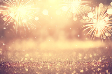Fototapeta premium Gold and silver Fireworks and bokeh in New Year eve and copy space. Abstract background holiday.