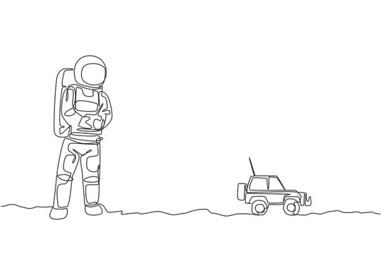 One single line drawing of astronaut playing car radio control in moon land vector graphic illustration. Doing hobby while leisure time in deep space concept. Modern continuous line draw design