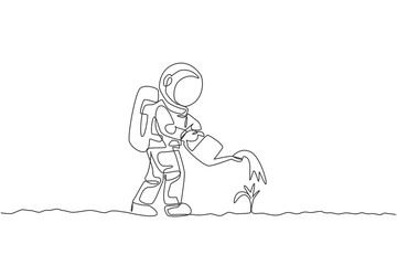 Fototapeta na wymiar One continuous line drawing of spaceman watering plant tree using metal watering can in moon surface. Deep space farming astronaut concept. Dynamic single line draw graphic design vector illustration
