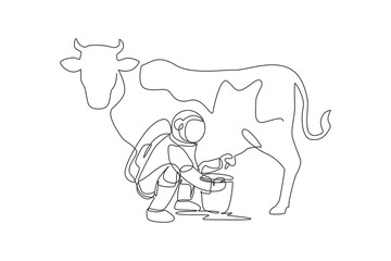 One continuous line drawing of spaceman astronaut squat down milking cow and put into milk can bucket in moon surface. Deep space farming astronaut concept. Single line draw design vector illustration