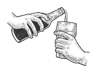 pouring beer from bottle into glass sketch engraving vector illustration. T-shirt apparel print design. Scratch board imitation. Black and white hand drawn image.