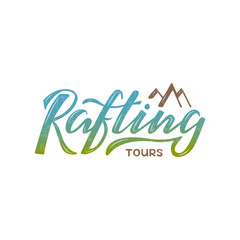 Vector illustration of rafting tours brush lettering for banner, leaflet, poster, clothes, logo, advertisement design. Handwritten text for template, signage, billboard, printing, price list, flyer
