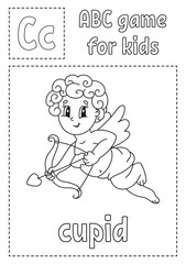 Letter C is for cupid. ABC game for kids. Alphabet coloring page. Cartoon character. Word and letter. Vector illustration.