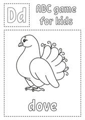 Letter D is for dove. ABC game for kids. Alphabet coloring page. Cartoon character. Word and letter. Vector illustration.