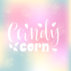 Vector illustration of candy corn brush lettering for banner, flyer, poster, clothes, confectionary or patisserie logo, advertisement design. Handwritten text for template, signage, billboard, print. 