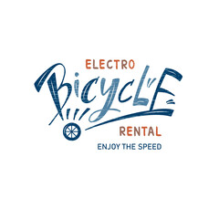 Vector illustration of electro bicycle rental lettering for banner, leaflet, poster, clothes, logo, advertisement design. Handwritten text for template, signage, billboard, printing, price list, flyer