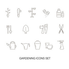 Vector illustration of gardening icons for highlights, banner, web site, invitations, catalog design or print. Black outlines of gardening accessories and plants
