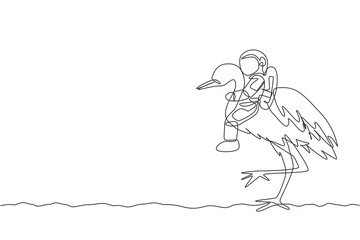 One continuous line drawing of spaceman take a walk riding a heron bird, wild animal in moon surface. Deep space safari journey concept. Dynamic single line draw graphic design vector illustration