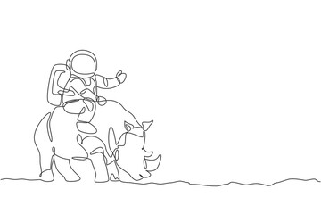 One single line drawing of astronaut riding rhinoceros, wild animal in moon surface vector illustration. Cosmonaut safari journey concept. Modern continuous line draw graphic design