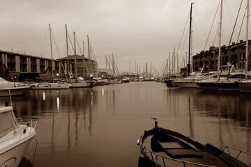 Nostalgica foto sepia nel Porto Antico di Genova con un gabbiano posato su una barca quasi come un...