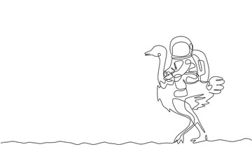 Single continuous line drawing of cosmonaut with spacesuit riding ostrich, big bird animal in moon surface. Fantasy astronaut safari journey concept. Trendy one line draw design vector illustration