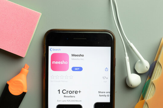 New York, USA - 1 December 2020: Meesho mobile app icon on phone screen top view, Illustrative Editorial