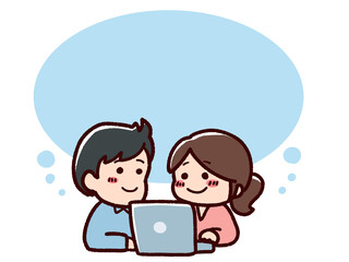 パソコンを見る夫婦と吹き出し　コピースペース