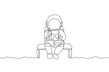 Single continuous line drawing of astronaut siting relax on chair while reading news in tablet phone. Business office with galaxy outer space concept. Trendy one line draw design vector illustration