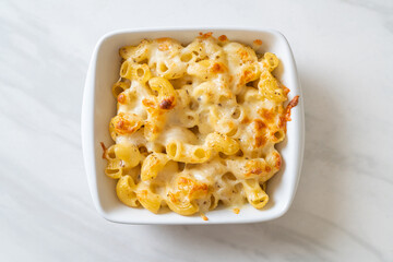 American mac and cheese, macaroni pasta in cheesy sauce