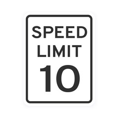 Speed limit 10 road traffic icon sign flat style design vector illustration isolated on white background. Vertical standard road sign with text and number 10. - obrazy, fototapety, plakaty