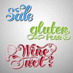 Set Lettering words. Gluten free, sale, wine not. Hand drawn. Vector illustration . Design element.