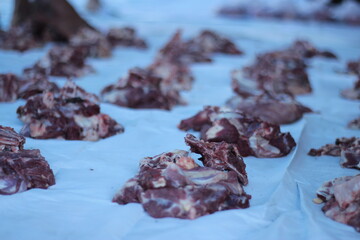 Sacrificial meat that has been chopped and weighed. Ready to be distributed and donated to people in need.