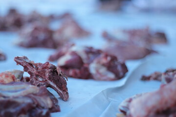Sacrificial meat that has been chopped and weighed. Ready to be distributed and donated to people in need.