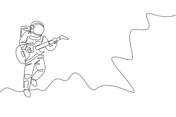 Single continuous line drawing of astronaut playing electric guitar musical instrument in cosmic galaxy. Outer space music concert concept. Trendy one line draw design graphic vector illustration