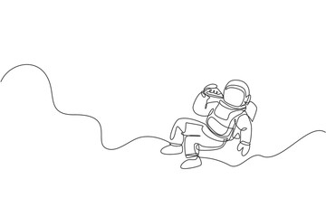 Single continuous line drawing spaceman relaxing and eating spicy delicious Italian pizza in nebula galaxy. Fantasy fiction outer space life concept. One line draw design vector illustration graphic