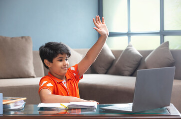 A YOUNG BOY RAISING HAND TO ANSWER DURING ONLINE CLASS	