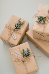 Christmas zero waste. Eco friendly packaging gifts in kraft paper.minimalism. place for text. top view