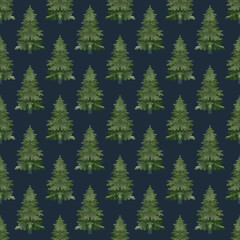 Christmas fir trees in a seamless pattern, modern hand draw design. Winter forest background. Can be used for printed new year materials - leaflets, posters, business cards or for web