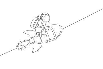 Single continuous line drawing of astronaut in spacesuit flying at outer space while sitting and riding rocket spacecraft. Science astronomy concept. Trendy one line draw design vector illustration