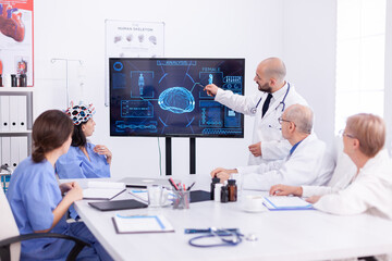 Team of doctors doing research about brain activity using headset with sensors. Monitor shows modern brain study while team of scientist adjusts the device.