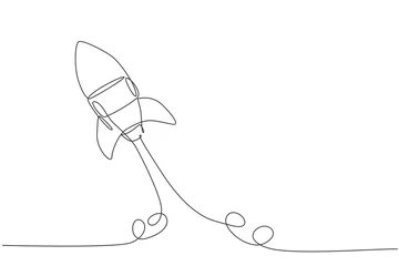 Fototapete Eine Linie Eine durchgehende Linienzeichnung eines einfachen Retro-Raumschiffs, das zum Weltraumnebel fliegt. Raketenraumschiff startet in das Universumskonzept. Dynamische Single-Line-Draw-Design-Vektorgrafik-Illustration