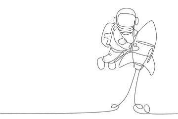Obraz premium One single line drawing of astronaut in spacesuit floating and discovering deep space while holding rocket spaceship illustration. Exploring outer space concept. Modern continuous line draw design