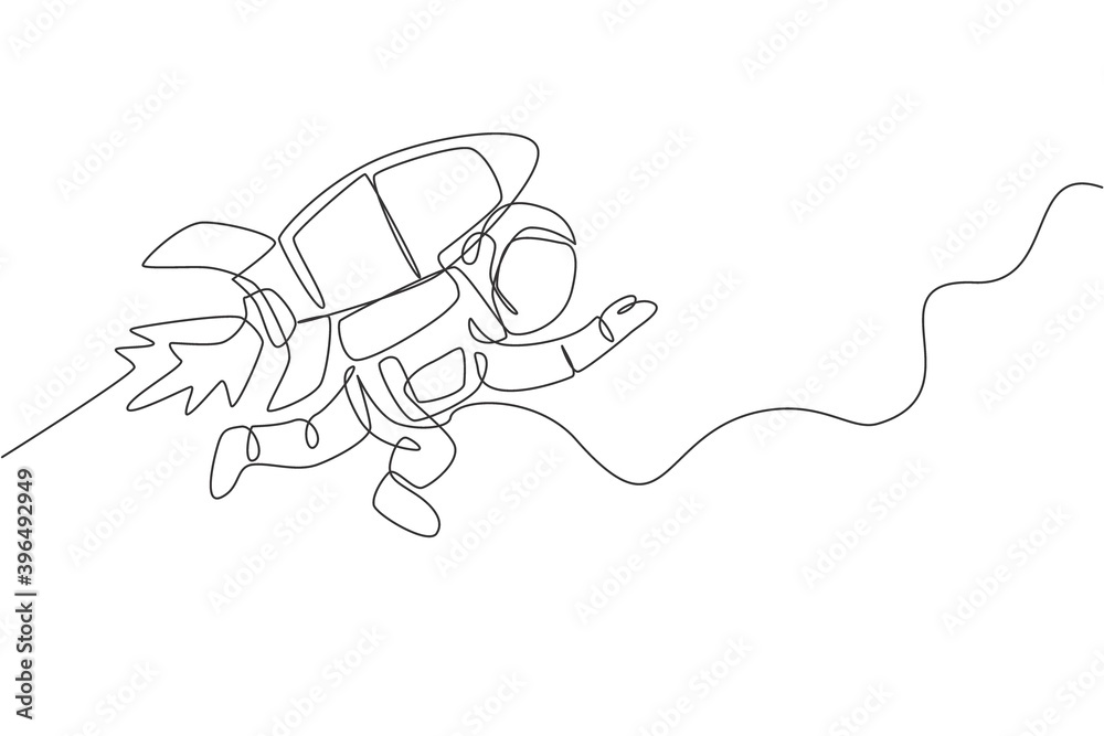 Poster one continuous line drawing spaceman astronaut science discovering cosmos galactic with rocket jetpa