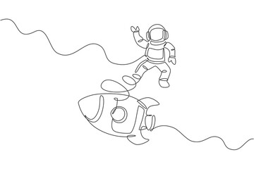One continuous line drawing of spaceman astronaut science discovering cosmos galactic with rocket. Cosmonaut exploration of outer space concept. Dynamic single line draw design vector illustration