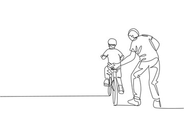 Single continuous line drawing of young son learning ride bicycle with father at outdoor park. Parenthood lesson. Family time concept. Trendy one line draw design vector illustration graphic