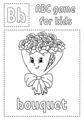 Letter B is for bouquet. ABC game for kids. Alphabet coloring page. Cartoon character. Word and letter. Vector illustration.