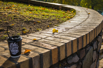 Fototapeta premium Paper cup of coffee outside on the border in autumn