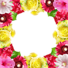 Beautiful flower frame made of hibiscus, begonia and mallow. Isolated
