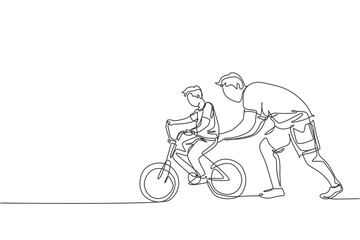 One single line drawing of young father teaching his son riding bicycle at public park vector graphic illustration. Fatherhood lesson. Urban family time concept. Modern continuous line draw design
