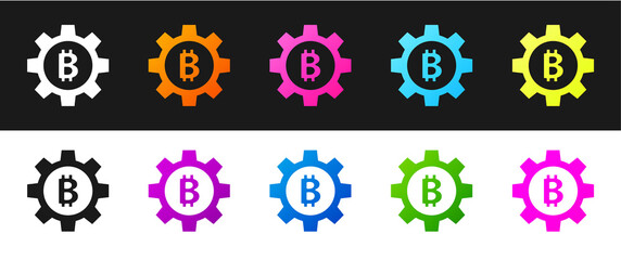 Set Cryptocurrency coin Bitcoin icon isolated on black and white background. Gear and Bitcoin setting. Blockchain based secure crypto currency. Vector.