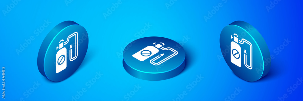 Sticker Isometric Pressure sprayer for extermination of insects icon isolated on blue background. Pest control service. Disinfectant sprayer. Blue circle button. Vector.