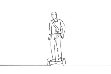 One continuous line drawing of young happy worker man stand and ride hoverboard to office. Green transportation. Future urban lifestyle concept. Dynamic single line draw design vector illustration